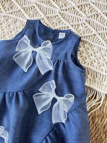 SHEIN 新生女宝宝可爱优雅蓝色蝴蝶结宽松连衣裙，夏季 - 藍色 - 查看 3