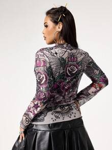ROMWE Avant Plus Size Vintage Heart Rose Skull Flame Floral Mesh Allover Print Top - Purple - View 2
