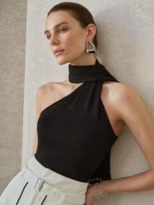 MOTF PREMIUM ASYMMETRICAL HALTER NECK SLEEVELESS KNIT TOP - Black - View 6