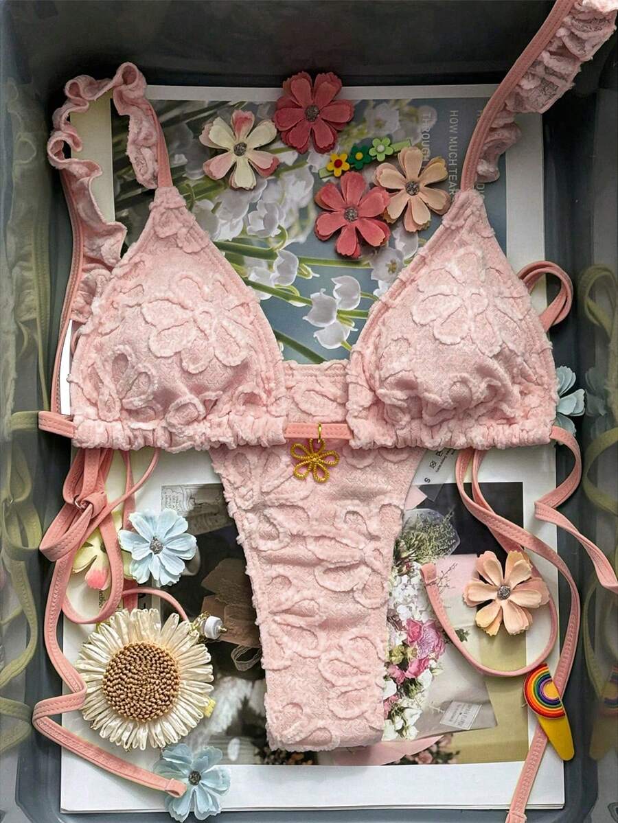 Swim Mod 2026新款春夏女士黄色三角比基尼套装，性感露背三角泳裤，独特面料泳装 - 粉色 - 查看 1