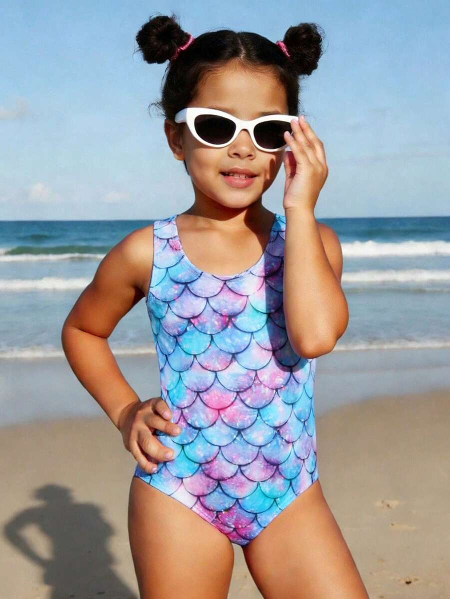 少女彩色鱼鳞数码印花连体泳衣，适合春、夏、秋季海滩度假