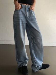 Livesso 女士带口袋纽扣休闲百搭日常穿着阔腿牛仔裤 - 藍色 - 查看 3