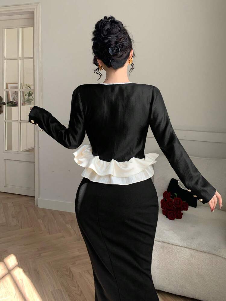 Women's Elegant Long Sleeve Shirt With Peplum Hem And Front Button Closure, Black And White Patchwork