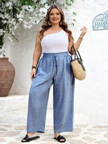 SHEIN CURVE+ Curve 尺码 US22 音乐节、海滨度假、波西米亚风 CURVE PLUS / / 女士蓝色抽绳高腰休闲锥形裤，适合度假、夏季穿着，弹性腰带，休闲乡村风，牛仔风格，教师装 - 藍色 - 查看 6