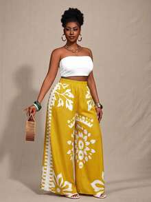 Veslaya 加大码黑白宽松撞色印花长裤，适合春夏穿着 - 黃色 - 查看 6