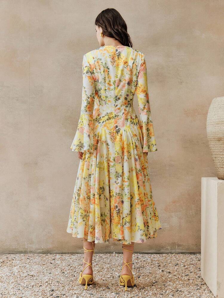 Women's New Ditsy Floral Yellow Long Sleeve A-Line Flare Sleeve Maxi Elegant Vacation Dress Spring Dresses For Women