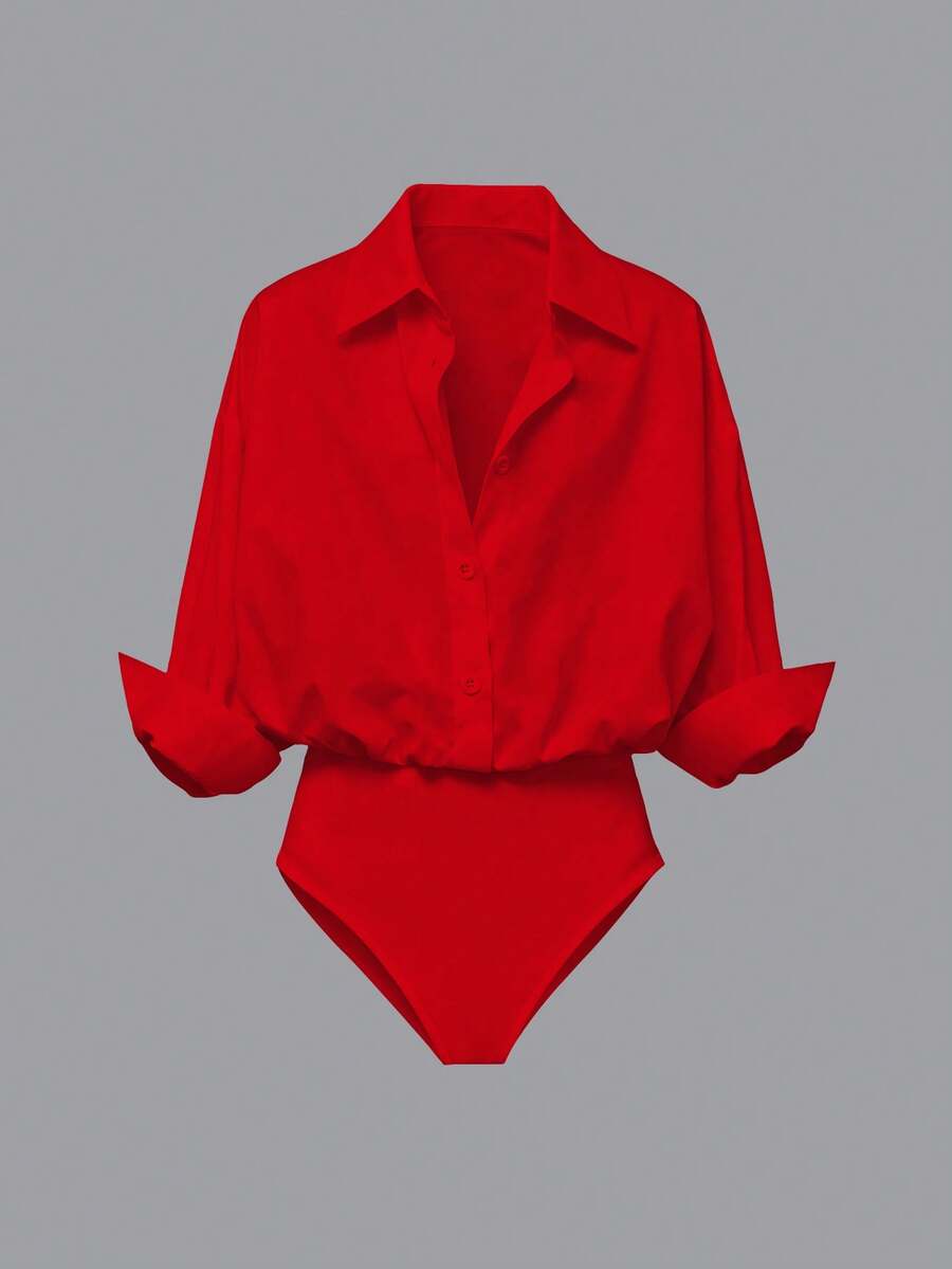 Airaco Camisa de manga larga con botones y estampado, de corte holgado, tipo body para mujer - Rojo - Ver 1