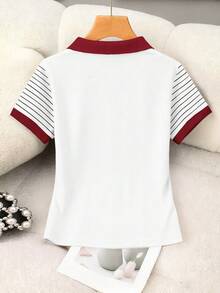 Resyla Women's Contrast Striped Print & Heart Embroidery Casual Short Sleeve Top - White - View 2
