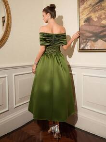 Poshira Women's Lace Patchwork Ruffle Off-Shoulder Elegant Cocktail Party Dress - Green - View 3