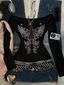 Glimmora Women's Minimalist Printed Long Sleeve Top - Black - View 3