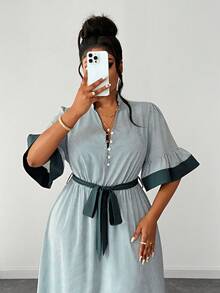 Maweii Plus Size Women's Summer Elegant Modest Black And White Tea Party Olive Green Striped Patchwork Stand Collar A-Line Dress With Belt,Business Office - Dark Green - View 3