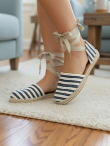 Espadrilles With Ankle Straps - 藍白色 - 查看 1