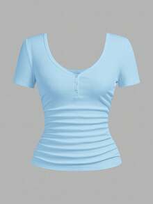 Slaydiva Plus Size V-Neck Button Pleated Slim Casual Short Sleeve T-Shirt, Going Out Tops - Baby Blue - View 4