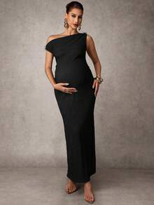 MaterniChic Đầm ôm dáng thanh lịch màu trơn dành cho bà bầu, thiết kế lệch vai, đính kim loại. - màu đen - Xem 4