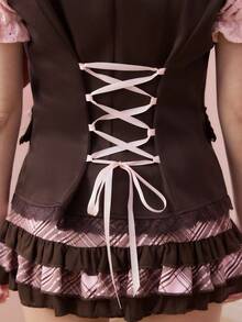 ROMWE Kawaii 女式学院风翻领蕾丝蝴蝶结饰边撞色拼接衬衫 - 彩色 - 查看 4