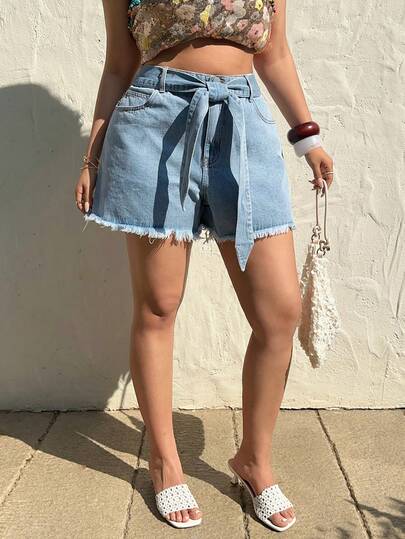 Sunnyshic 大码女式破洞牛仔短裤，高腰休闲抽绳A字牛仔短裤