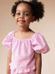 SUMWON Girls Puff Sleeve Off Shoulder Top And Wide Leg Palazzo Pants Set Striped Cotton Summer Casual Outfit With Ruffle Details Vacation - Pink - View 5
