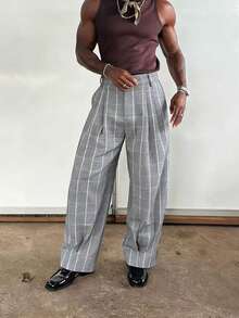 Manfinity Dauomo Men's Pleated Casual Pants With Pockets And Belt Loops, Loose Plaid Design - Multicolor - View 1