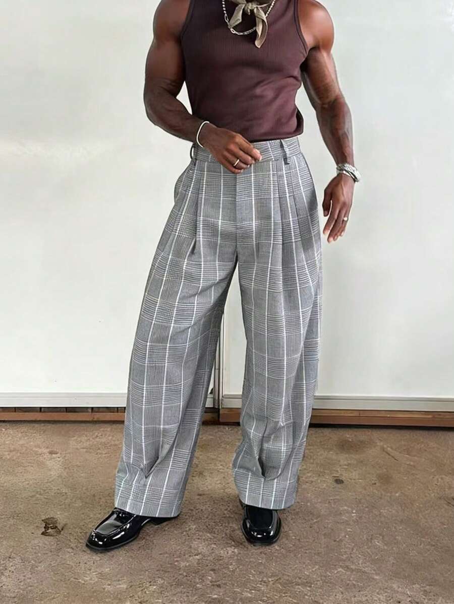 Manfinity Dauomo Men's Pleated Casual Pants With Pockets And Belt Loops, Loose Plaid Design - Multicolor - View 1