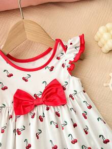 Newborn Baby Girl Cute Knitted Color Block Bow&Cherry Print Flutter Sleeve Dress Sleeveless Floral Dresses - Red - View 3