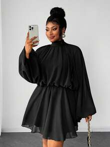 Maweii Plus Size Elegant Solid Color Stand Collar Lantern Sleeve Dress, Suitable For Commuting - Black - View 1