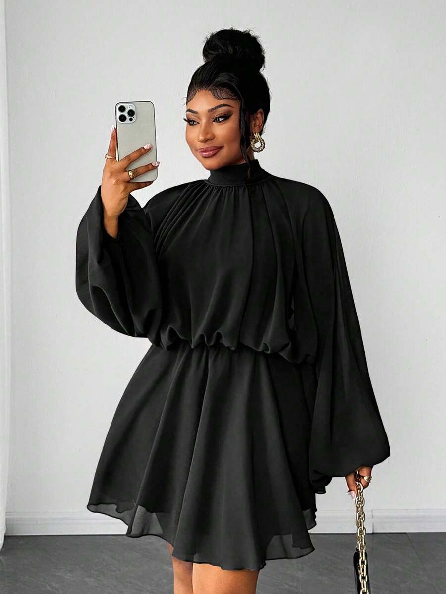 Maweii Plus Size Elegant Solid Color Stand Collar Lantern Sleeve Dress, Suitable For Commuting - Black - View 1