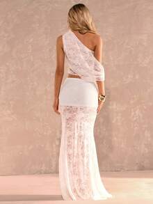 SHEIN Glamour Bộ đồ hai mảnh ôm sát gợi cảm dành cho nữ, gồm áo hai dây ren jacquard bất đối xứng và chân váy midi ren jacquard, thích hợp cho mùa xuân/hè. - trắng - Xem 2