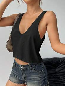 SHEIN EZwear Women Sexy Deep V-Neck Loose Summer Tank Top - Black - View 4