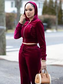 Melissa Matos Women 2pcs Casual Outfit, Front Zipper Long Sleeve Hoodie Top And Pants Set, Minimalist Style, Suitable For Work, Autumn/Winter For New Year Clothes - Red - View 3