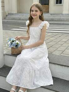 SHEIN 少女白色刺绣优雅短袖连衣裙 - 白色 - 查看 10