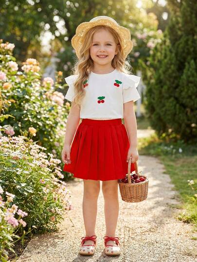 Souflis Souflis Set de 2 piezas: Blusa de manga con volantes con estampado de cerezas y falda plisada roja para niña, conjunto de verano para niños