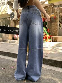 FRIFUL 女士带口袋纽扣休闲百搭日常穿着阔腿牛仔裤 - 藍色 - 查看 3