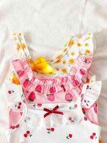 SHEIN 3pcs Baby Girls' Cute & Fruit And Sunflower Pattern Knitted Bodysuit, Suitable For Vacation And Casual Daily Wear, Summer - Multicolor - View 6