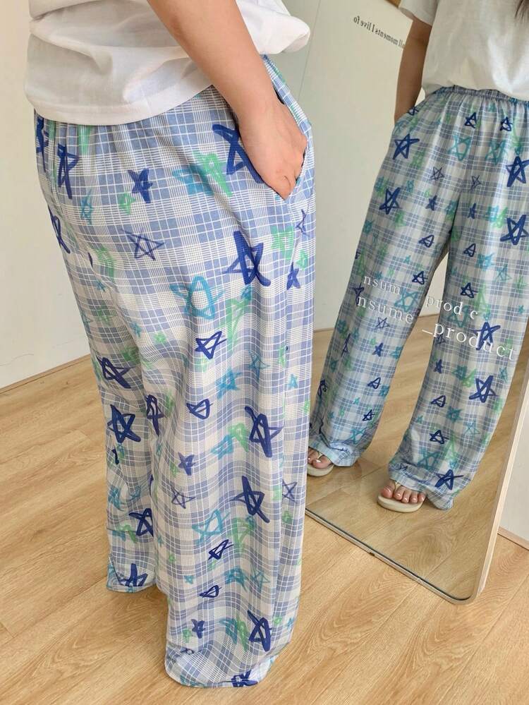 Dazy Plus Plus Size Comfortable Casual Plaid & Star Print Pajama Bottoms
