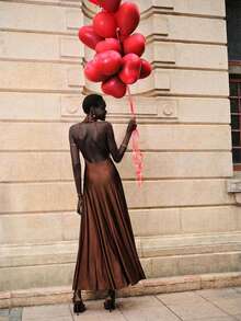 Lumivelle Backless Halter Dress For Women, Vintage Elegant Solid Color Reflective Satin Dress With Flared Skirt, Slimming & Elongating, Soft & Draping, Suitable For Daily, Date, Commute - Brown - View 2