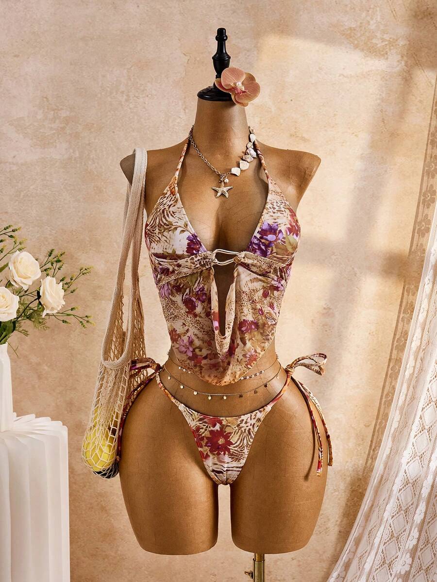 Swim SXY Floral Leopard Print Sexy Metal Decor Beach Vacation Women Camisole Strap Bikini - Multicolor - View 1