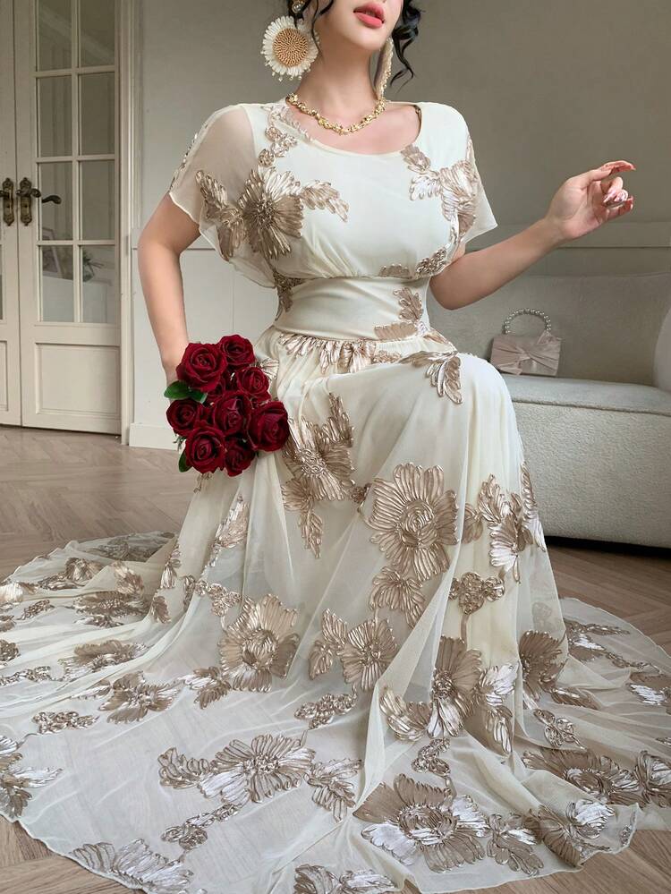 Women's Round Neck Mesh Fabric Floral Print Waist Cinched Dress, Elegant Sundress