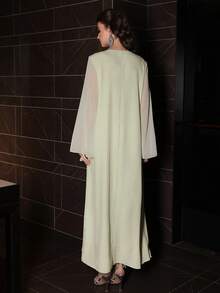 Al Najma V-Neck Embroidered Beaded Loose Long Dress, Traditional Abaya Style, Light Green - Green - View 6