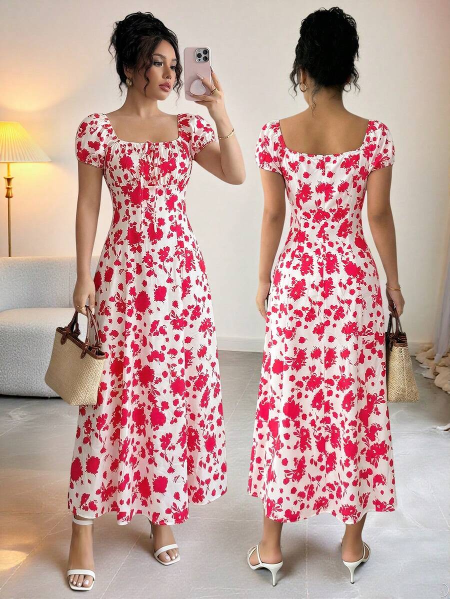 SHEIN Raffinéa Women's Elegant French Retro Red & White Floral Print Dress, Square Neck Puff Sleeve Ruched High Waist Slim Fit Ankle-Length Dress, Chic Vacation Style Printed Dress - Red - View 1