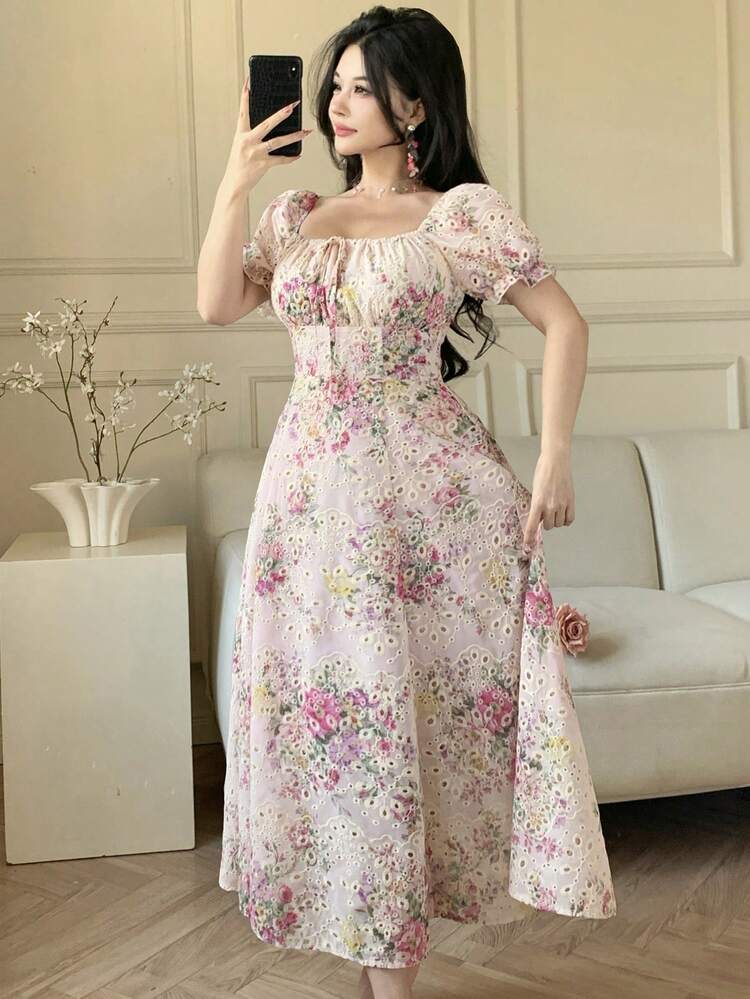 Gentle Sweet Off-Shoulder Cinched Waist Ditsy Floral Dress