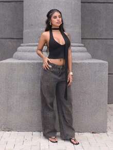 Rayane Ketlyn 女式豹纹阔腿宽松休闲牛仔裤，带口袋 Y2k - 棕色 - 查看 1