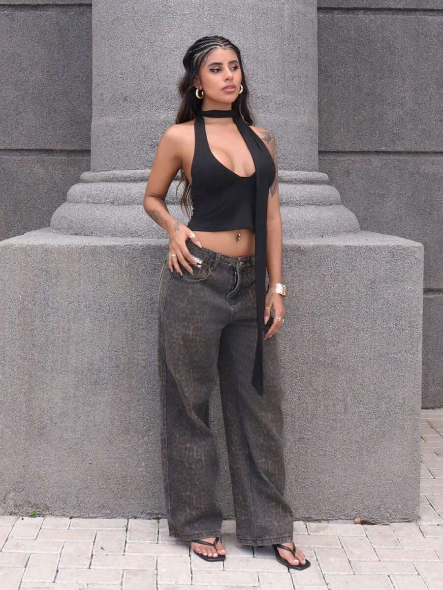 Rayane Ketlyn 女式豹纹阔腿宽松休闲牛仔裤，带口袋 Y2k - 棕色 - 查看 1