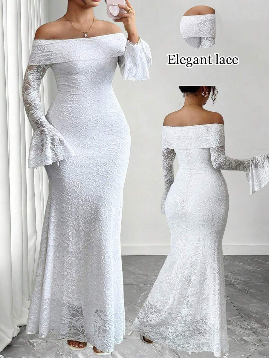 Elenzga 大码女式纯色简约日常穿搭露肩蕾丝长袖连衣裙 - 白色 - 查看 1