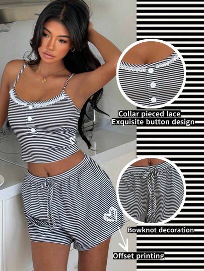 SHEIN Women's Sleepwear Set, Black & White Striped Print With Heart Lace Trim Camisole And Shorts