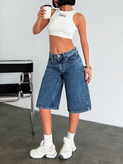 EURMUSE washed blaue Denim-Shorts mit niedriger Taille, Lässig