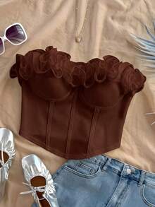 Soleia Ruffle Trim Fitted Tube Top, Suitable For Holiday, Date Night, Valentine's Day, Afternoon Tea Coffee Brown Dark Crop Chocolate - Coffee Brown - View 3