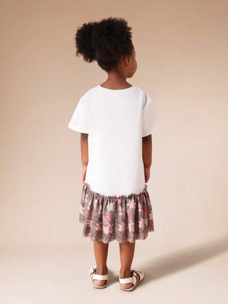 Leopardenkleid mit Blumenmuster und Mesh-Saum