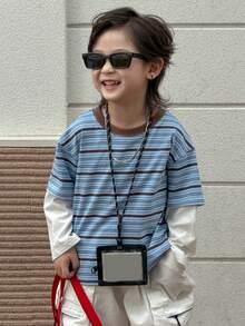 DAZY Young Boy Patchwork Striped Round Neck Long Sleeve Casual T-Shirt - Blue - View 2