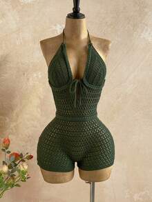 Soleia Women's Vacation Knit Textured Fabric Halter Mini Jumpsuit, Sexy Party Date Beach Holiday Summer Outfit, Suitable For Holiday Date, Afternoon Tea, Wedding Season, Beach Cruise Vacation, City Road Trip Vacation, Boho Vacation, Music Festival,Carnival - Green - View 5