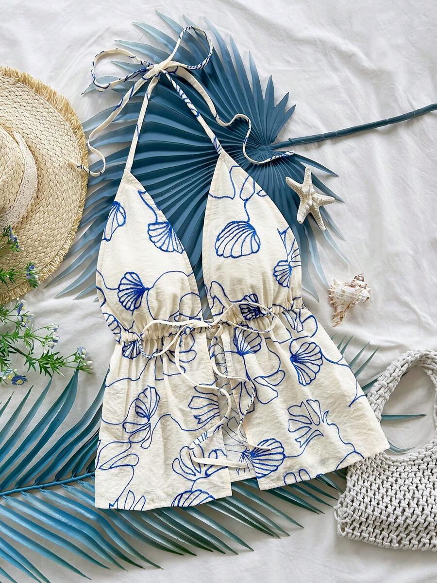 Soleia Casual V-Neck Tie Backless Textured Fabric White Women Tank Top, Suitable For Party, Holiday, Date, Valentine's Day, Afternoon Tea - Multicolor - View 1